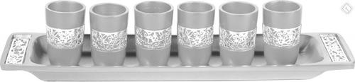 Set of 6 Cups + Plate Kiddush Set with Silver Lace- Aluminum (EM-GD1)