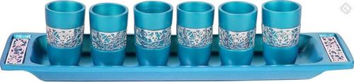 Set of 6 Cups + Plate Kiddush Set with Silver Lace- Turquoise (EM-GD3)