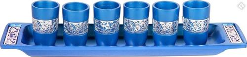 Set of 6 Cups + Plate Kiddush Set with Silver Lace- Blue (EM-GD4)