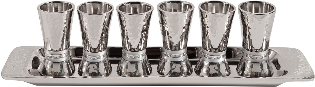 Emanuel Hammered Conical Shaped Liquor Cups Set of 6- Silver Rings (EM-GF3)