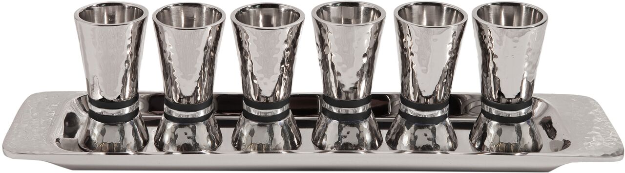 Emanuel Hammered Conical Shaped Liquor Cups Set of 6- Black Rings (EM-GF4)