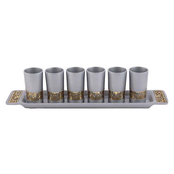 Emanuel Anodized Aluminum Set of 6 Liquor Cups and Tray with Metal Cutout Design (EM-GG)