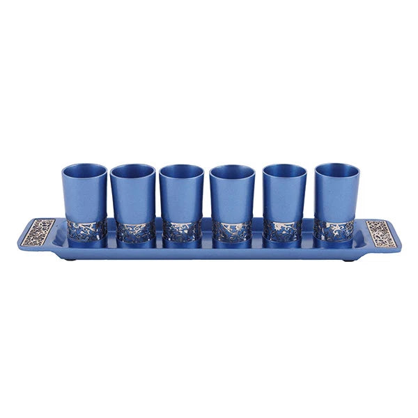 Emanuel Anodized Aluminum Set of 6 Liquor Cups and Tray with Metal Cutout Design (EM-GG)