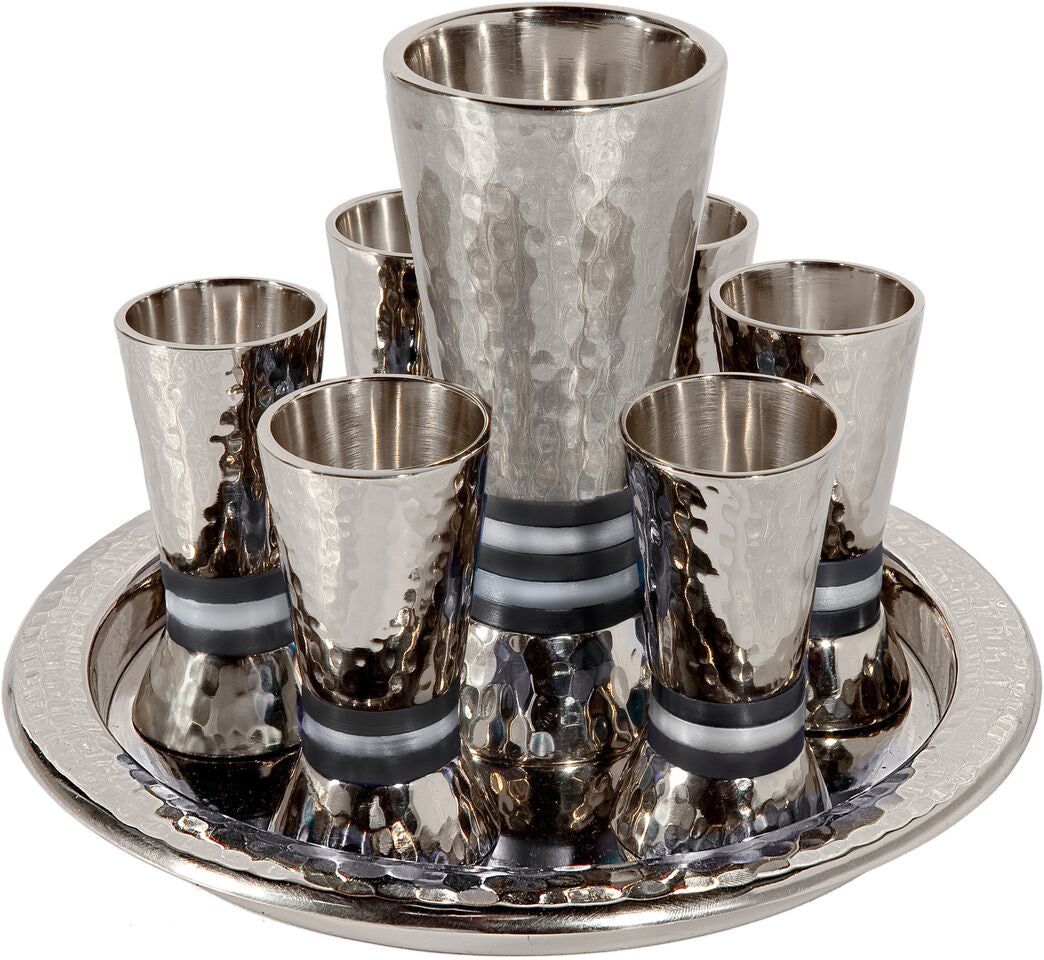 Emanuel Hammered Kiddush Set Cone Shape- Black Rings (EM-GSC4)