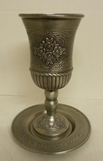 Pewter Kiddush Cup & Tray Flowers Design (KC-AVI100P)
