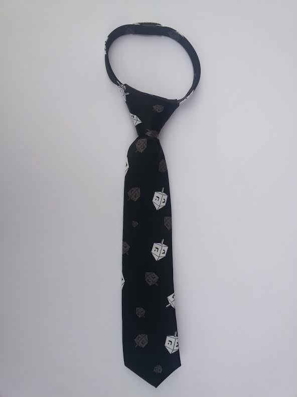 chanukah dreidel tie for kids with zipper, Big size 14", black (TIE#8-4)