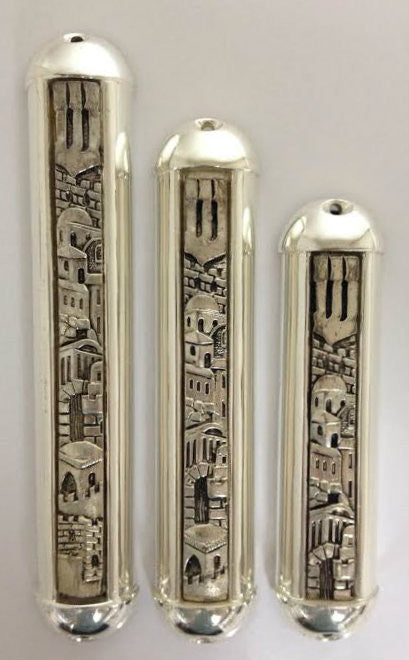 Metal Mezuzah Case with Etched Jerusalem Design 12cm (MZ-MM6/12)