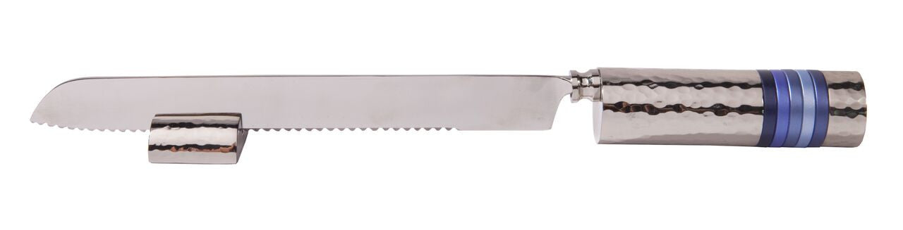 Emanuel Challah Knife Hammered with Rings-- Blue Rings (EM-NSD2)
