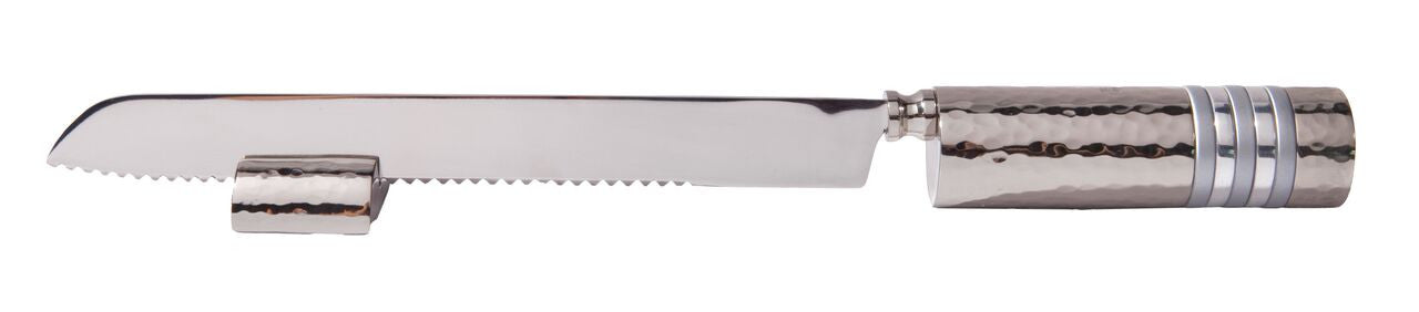 Emanuel Challah Knife Hammered with Rings-- Silver Rings (EM-NSD4)