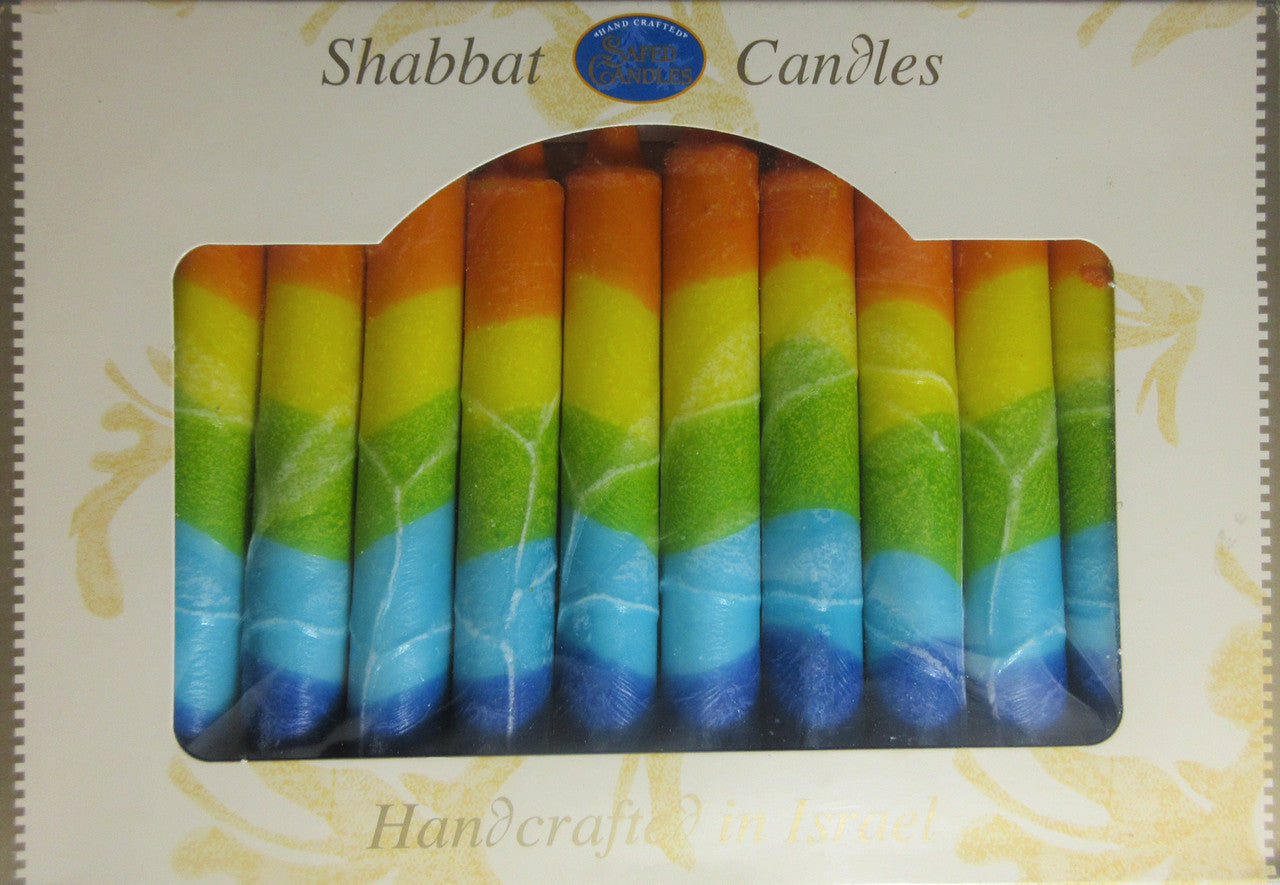 12 Tapered Israeli Shabbat Candles-Orange Yellow Green Blue (SC-SHSF-O)