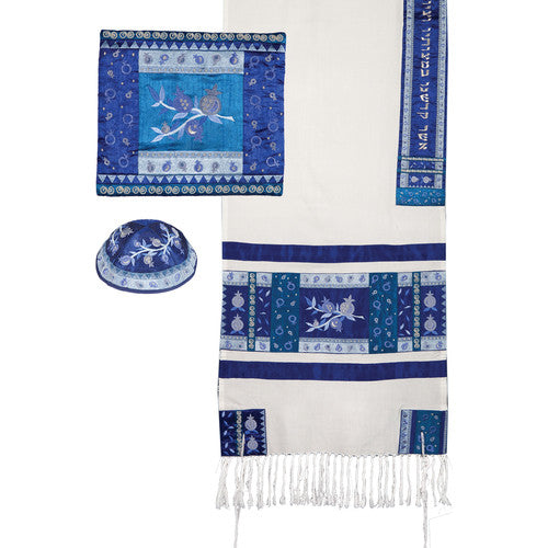 Tallit- Full Embroiderey Pomegranates- Blue (EM-TAH3B)