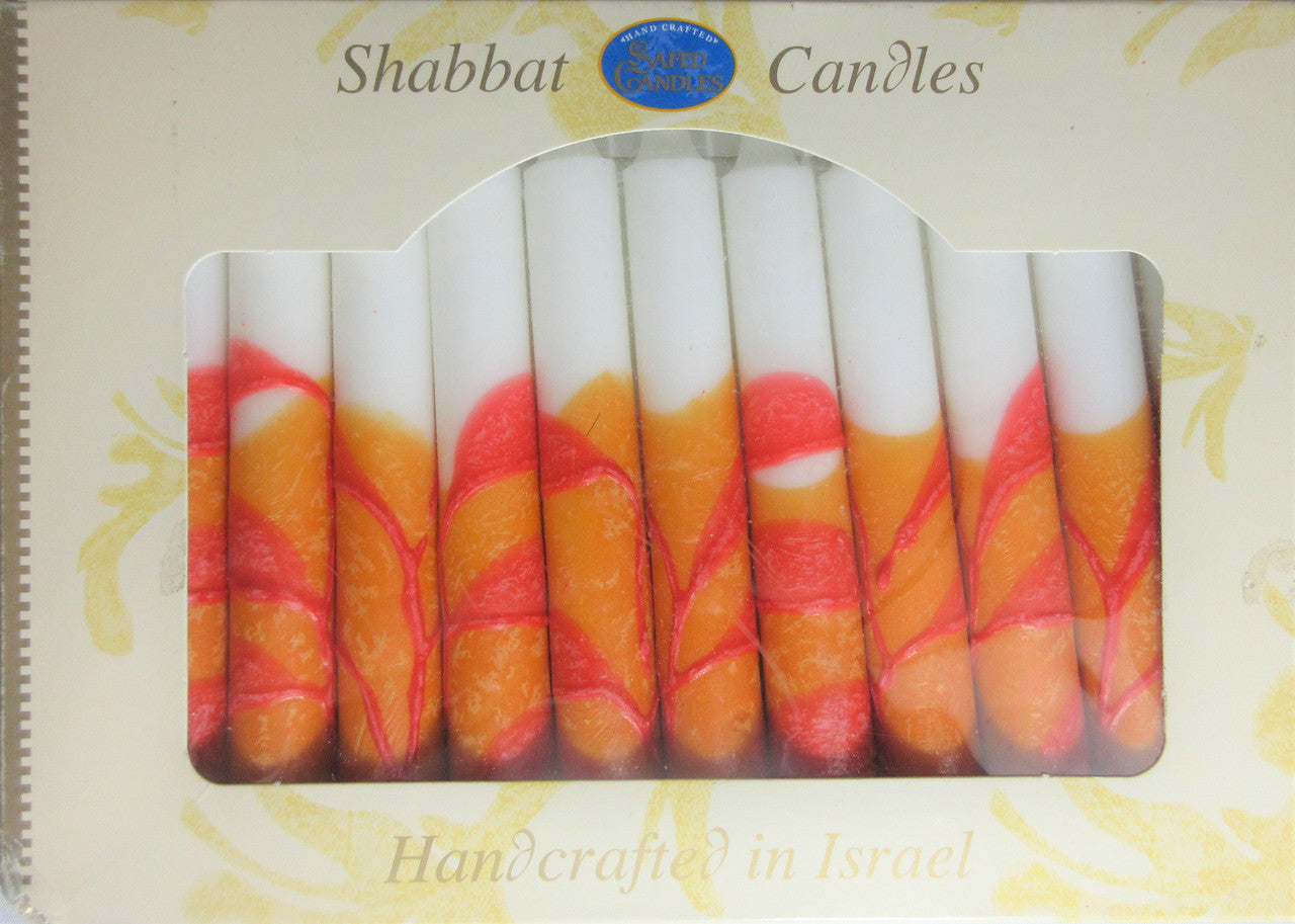 12 Tapered Israeli Shabbat Candles-White/Orange (SC-SHTR-R)