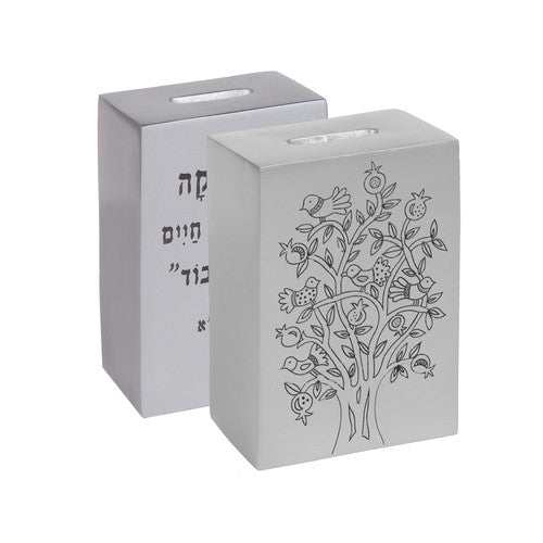 Anodized Tzedakah Box Square with Print - Silver (EM-TZB1)