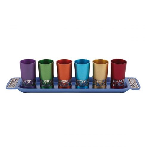 Emanuel Anodized Aluminum Set of 6 Liquor Cups and Tray with Metal Cutout Design (EM-GG)