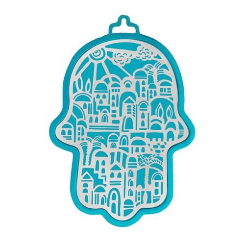 Emanuel Anodized Aluminum Hamsa with Jerusalem Cutout (EM-HLH4)