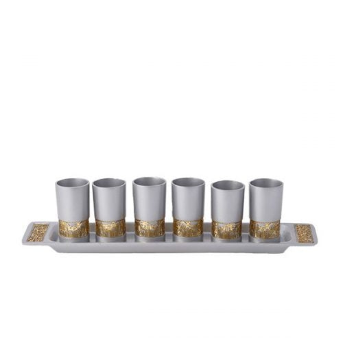 Emanuel Anodized Aluminum Set of 6 Liquor Cups and Tray with Metal Cutout Design (EM-GG)