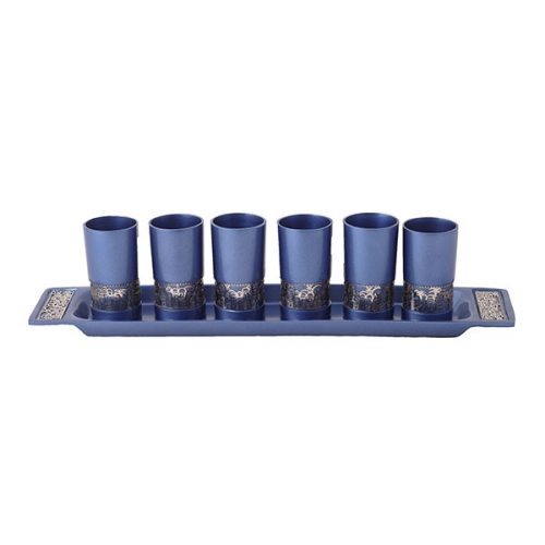 Emanuel Anodized Aluminum Set of 6 Liquor Cups and Tray with Metal Cutout Design (EM-GG)