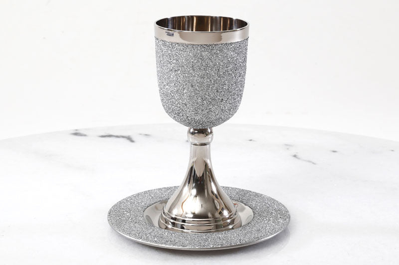 Metal Kiddush Cup on Stem w/Plate-Silver (KC-202001)