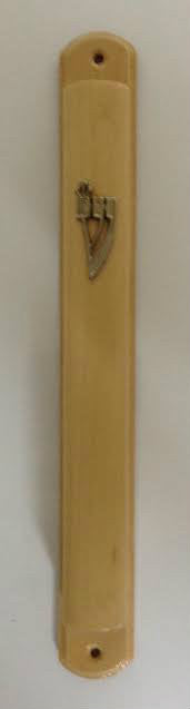ART Round Olive Wood Mezuzah Case with Silver "Shin" 12cm (MZ-20501)