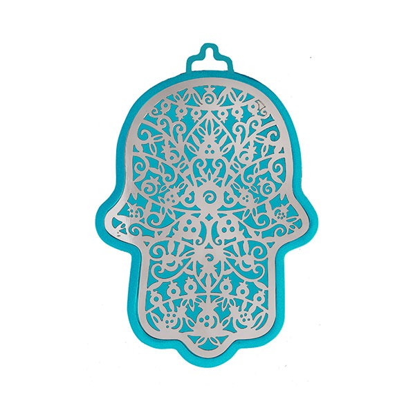 Small Anodized Aluminum Hamsa with Pomegranate Cutout (EM-HLJ1)