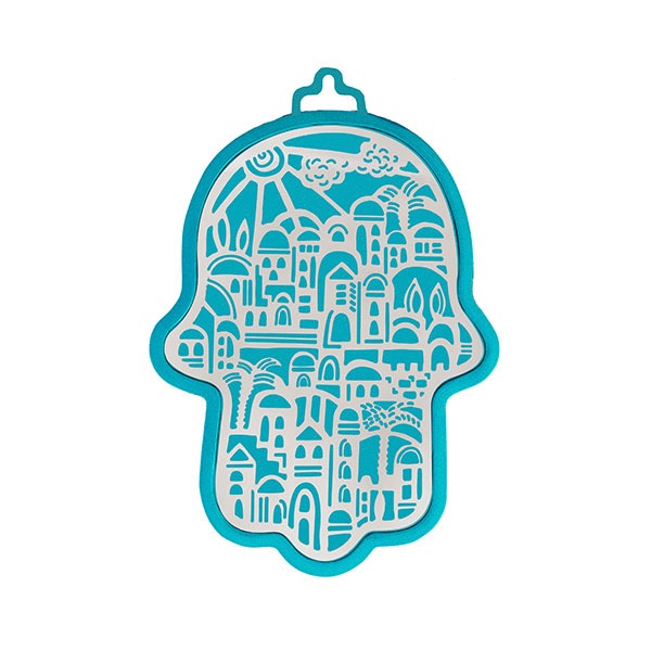Small Anodized Aluminum Hamsa with Jerusalem Cutout (EM-HLJ4)