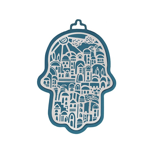 Small Anodized Aluminum Hamsa with Jerusalem Cutout (EM-HLJ4)