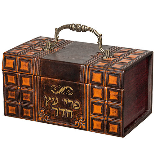 Leather and Wood Esrog Box-Squares with Handle (ES-43369)