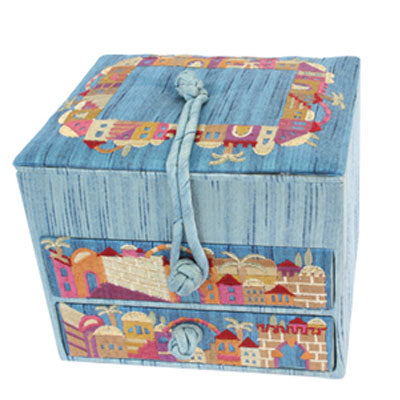 Blue Jerusalem Two Draw Embroidered Jewelry Box