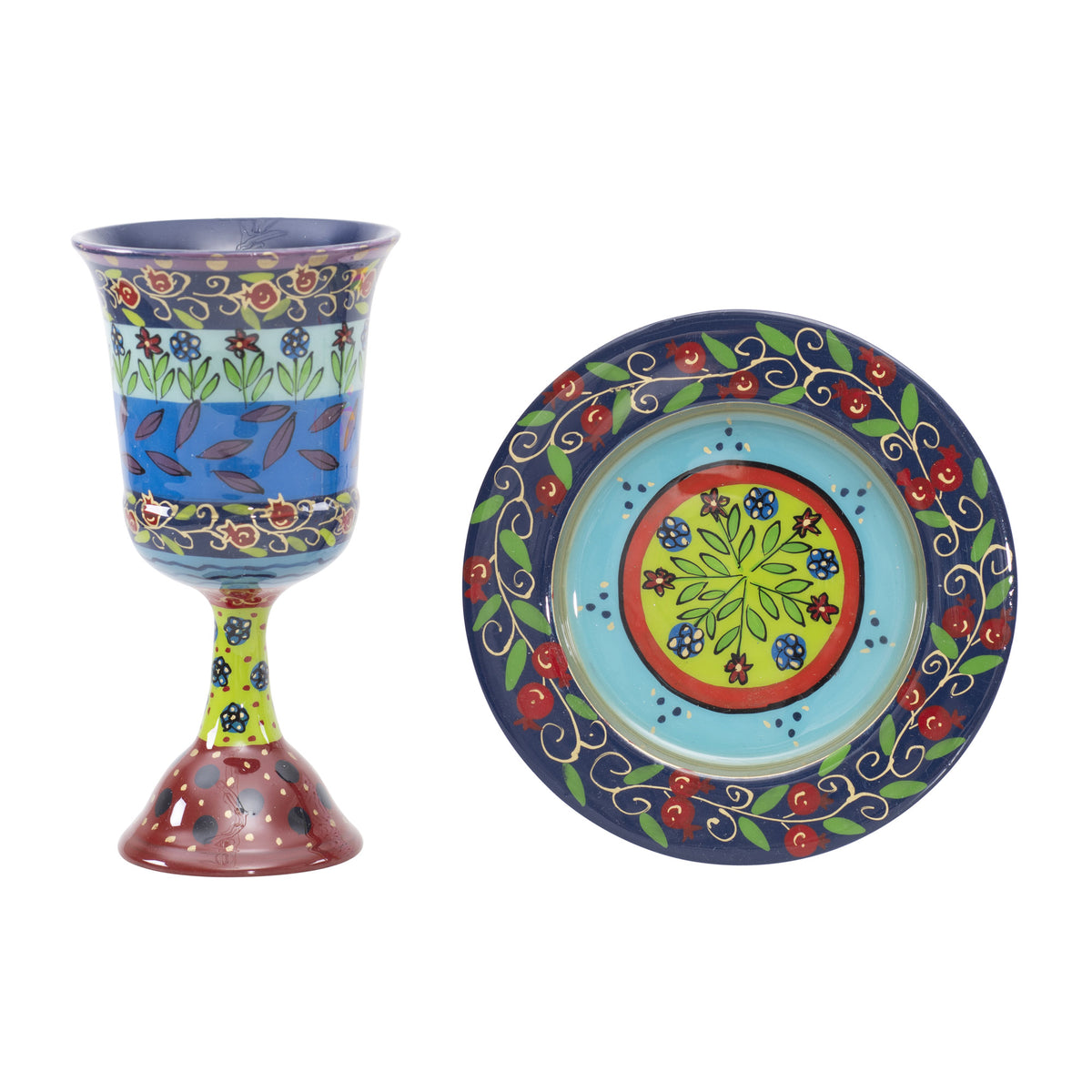 Hand Painted Kiddush Cup Multicolor Pomegranate Flowers Design (EM-CAJ5)
