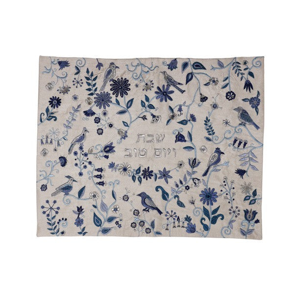 Emanuel Machine Embroidered Challah Cover-Birds & Flowers-Blue  (EM-CMG33)