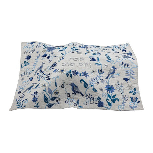 Emanuel Machine Embroidered Challah Cover-Birds & Flowers-Blue  (EM-CMG33)