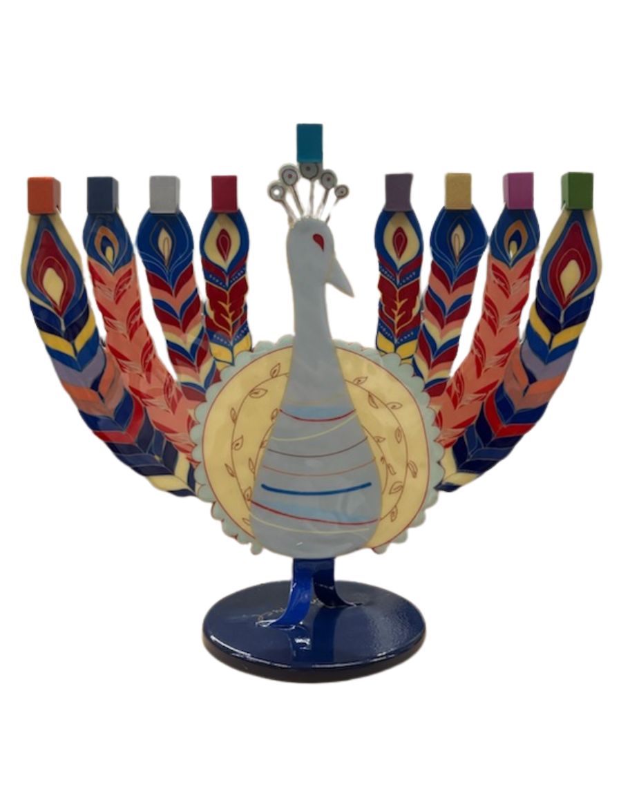 Emanuel Painted Metal Menora- Peacock (EM-HAO2)