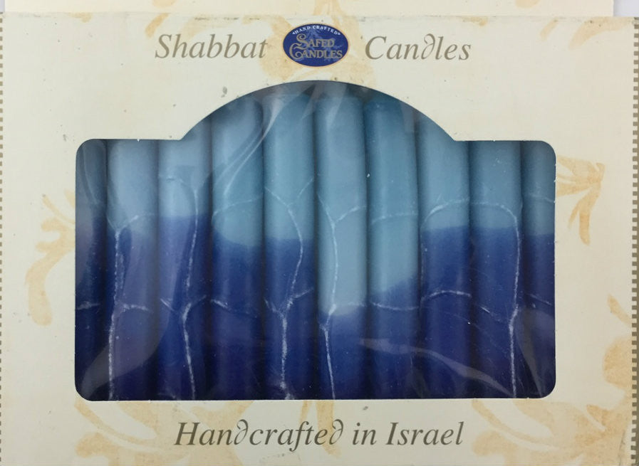 12 Tapered Israeli Shabbat Candles- Blue, Blue & White (SC-SHABBAT-B)