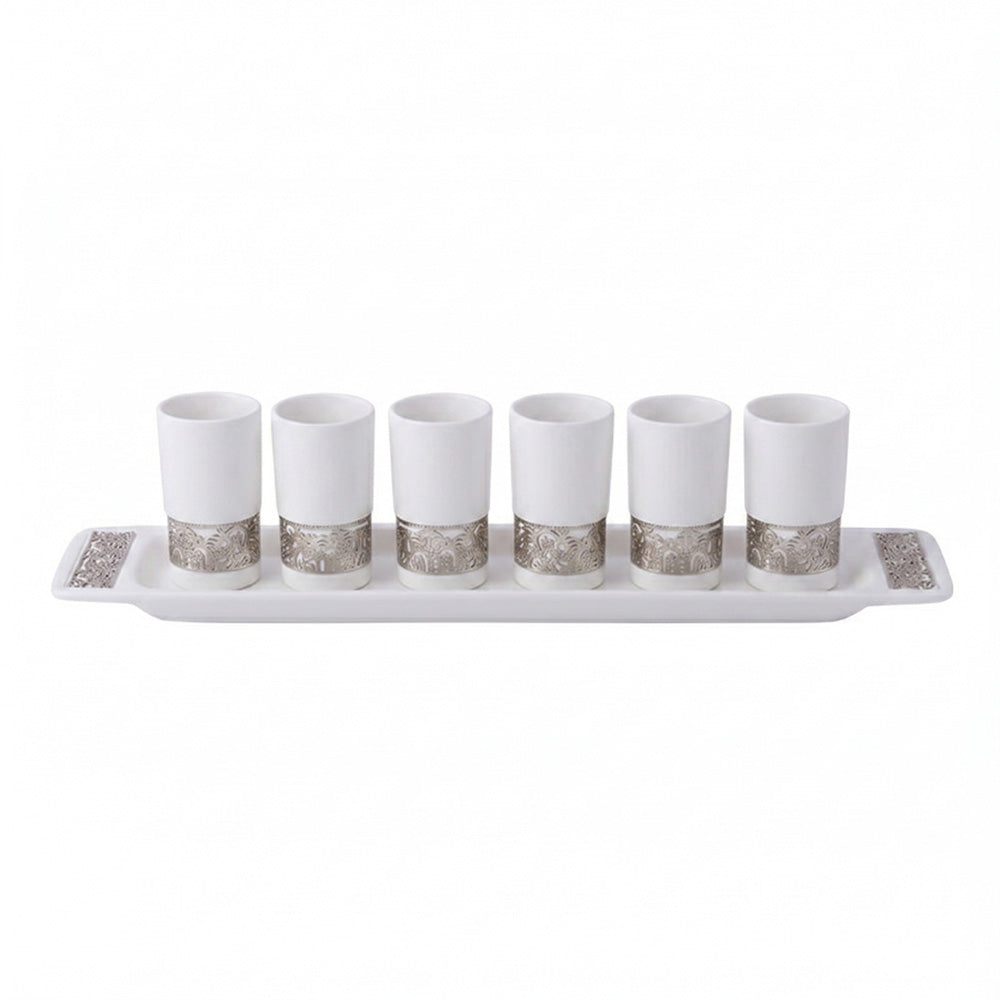 Emanuel Anodized Aluminum Set of 6 Liquor Cups and Tray with Metal Cutout Design (EM-GG)