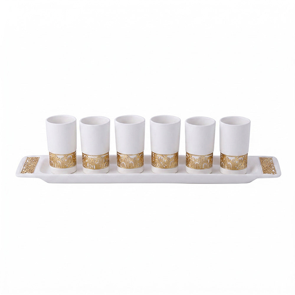 Emanuel Anodized Aluminum Set of 6 Liquor Cups and Tray with Metal Cutout Design (EM-GG)
