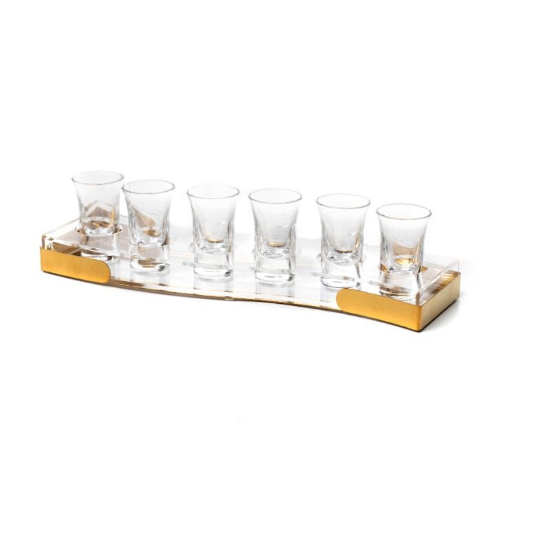 Set of 6 Glass Liquor Cups 30ml on Lucite and Gold strip stand (SHB-X5994)