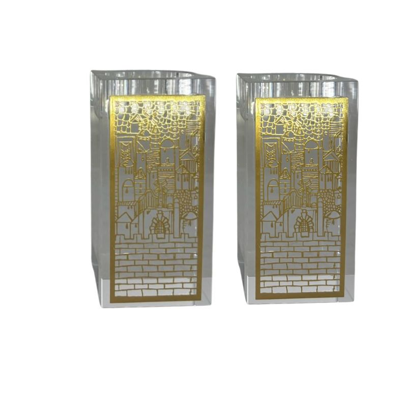 Crystal Pair T-Light Holder with Gold Jerusalem Plate Design 4" (CS-X3436Z)