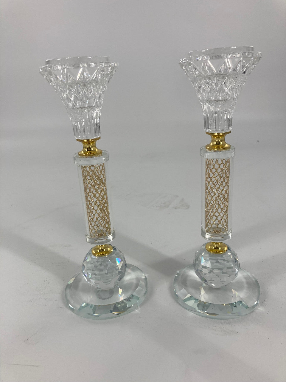Pair Crystal Candlesticks-Silver Chips-Gold Design 8"H (CS-X3137K)
