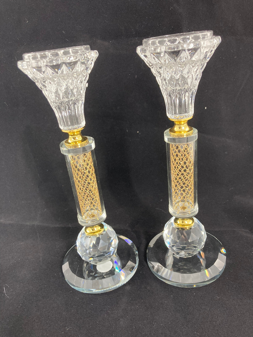 Pair Crystal Candlesticks-Silver Chips-Gold Design 8"H (CS-X3137K)