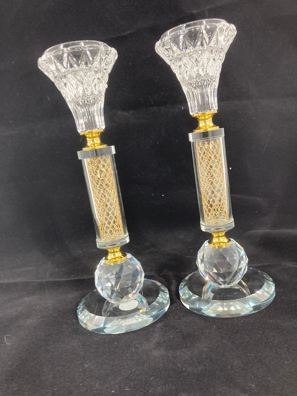 Pair Crystal Candlesticks-Silver Chips-Gold Design 8"H (CS-X3137K)