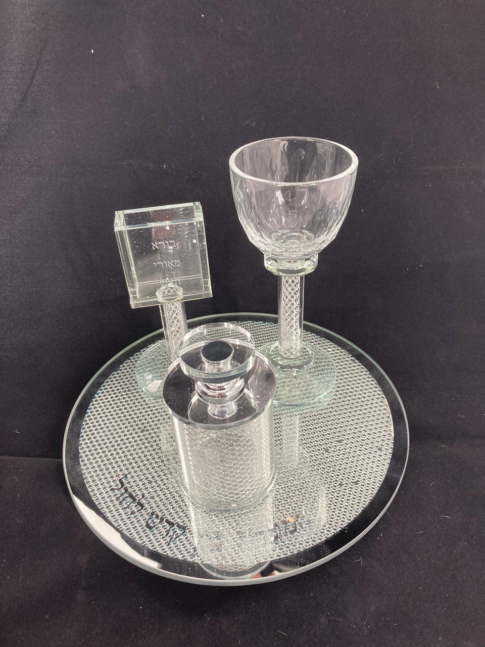 Crystal Havdalla Set with Tray Silver Lattice Design (HV-12823)