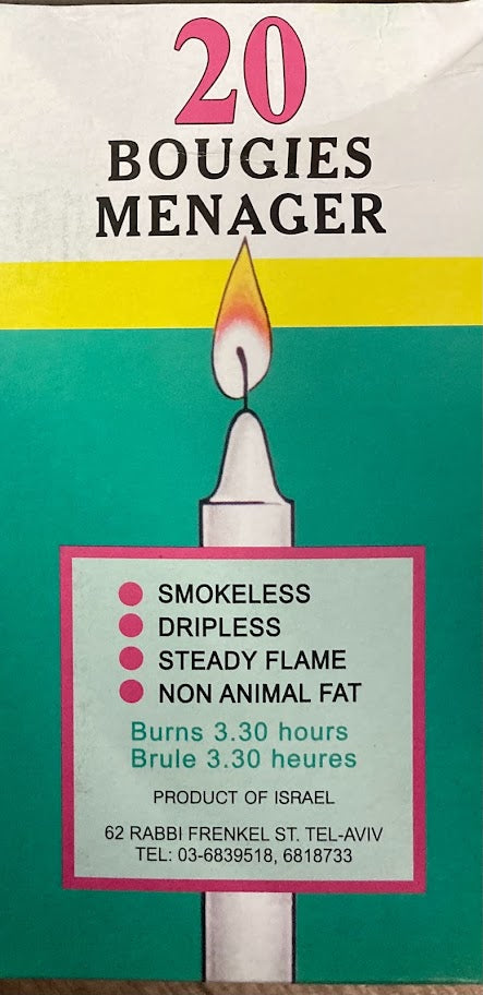 Menora White Shabbat Candles-20 in Box-Burns 3hrs (SC-SC20/3)