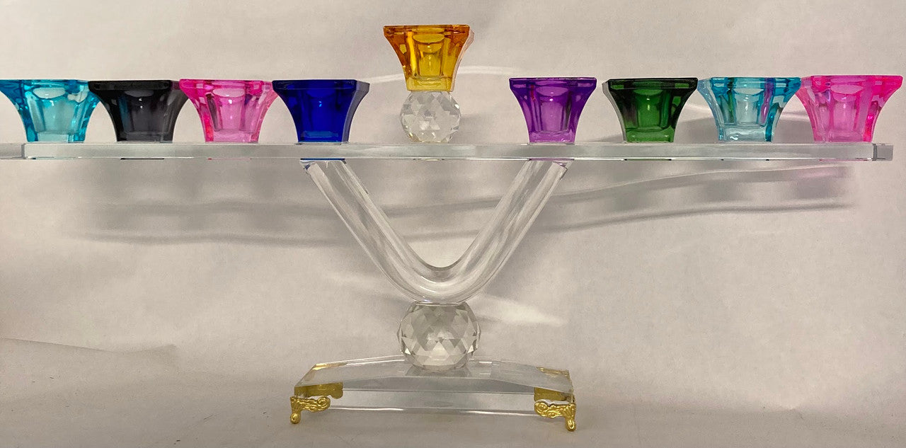Crystal Menorah w/ Clear Glass Gold Feet-14"x6"h (M-X3782A)