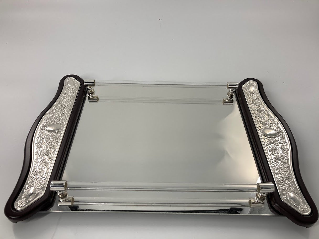 Silverplate And Wood Mirror Candlestick Tray (CP-P725K)