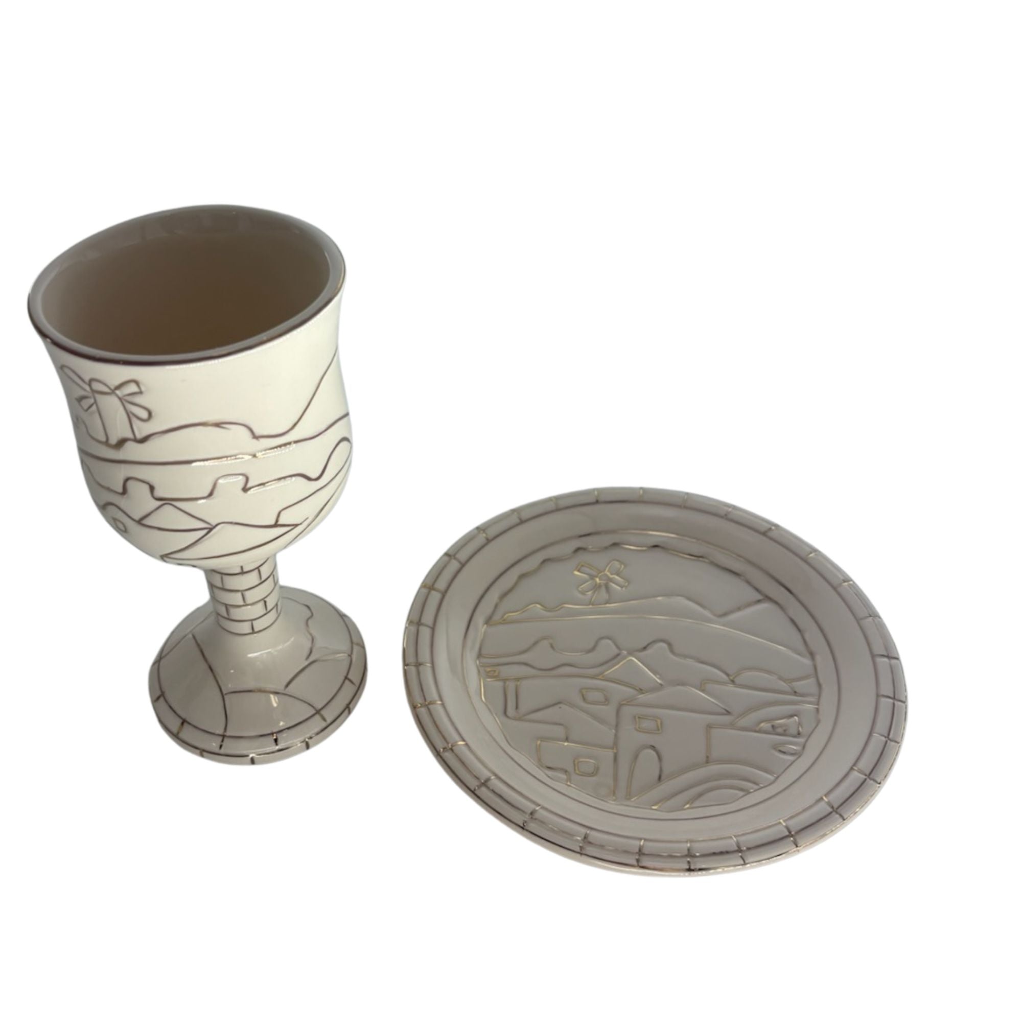 Karshi Ceramic Kiddush Cup on Stem with Tray Jerusalem Design-Gold (KC-5952)
