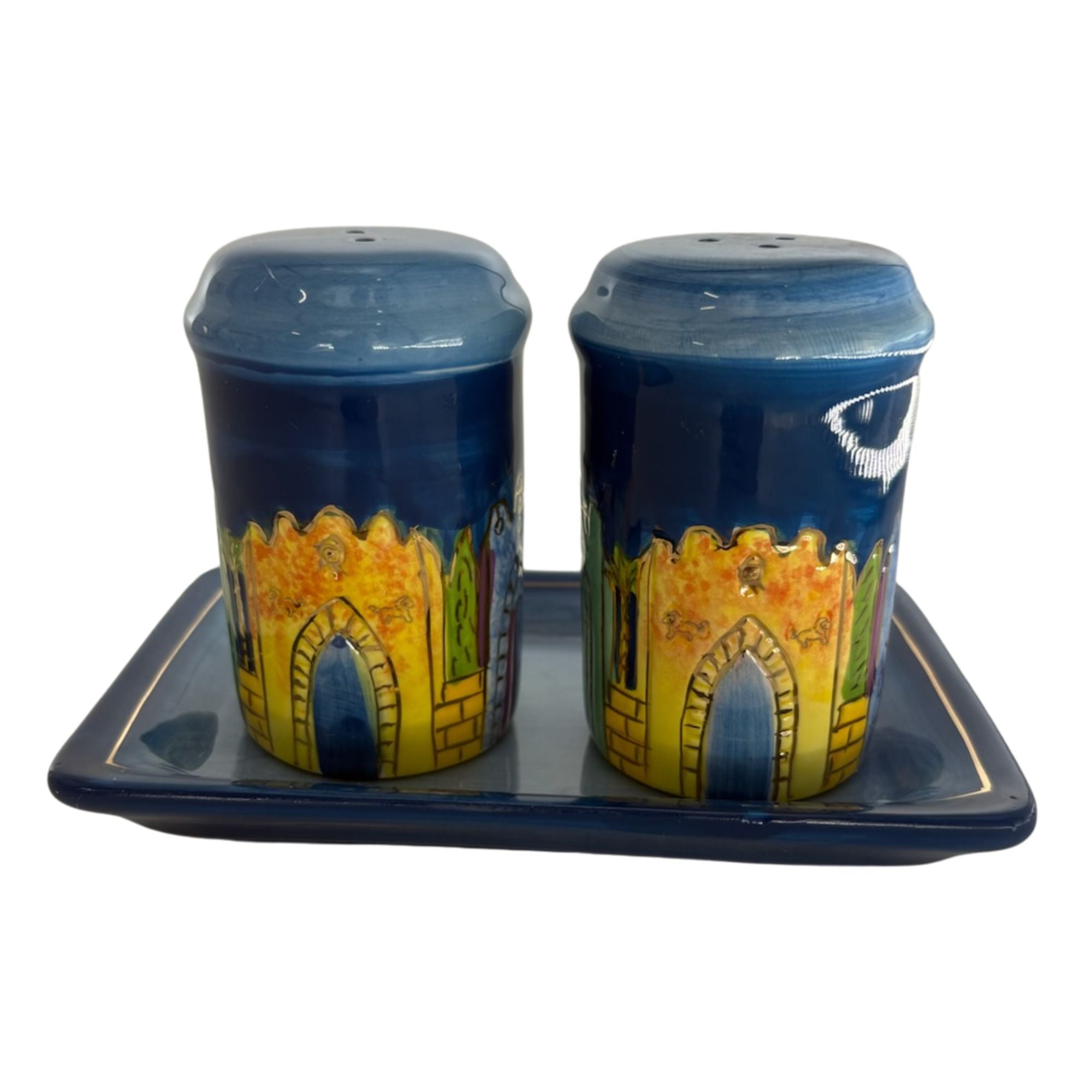 Karshi Ceramic Salt & Pepper Shaker with Tray-Jerusalem-Colored (MC-5929)
