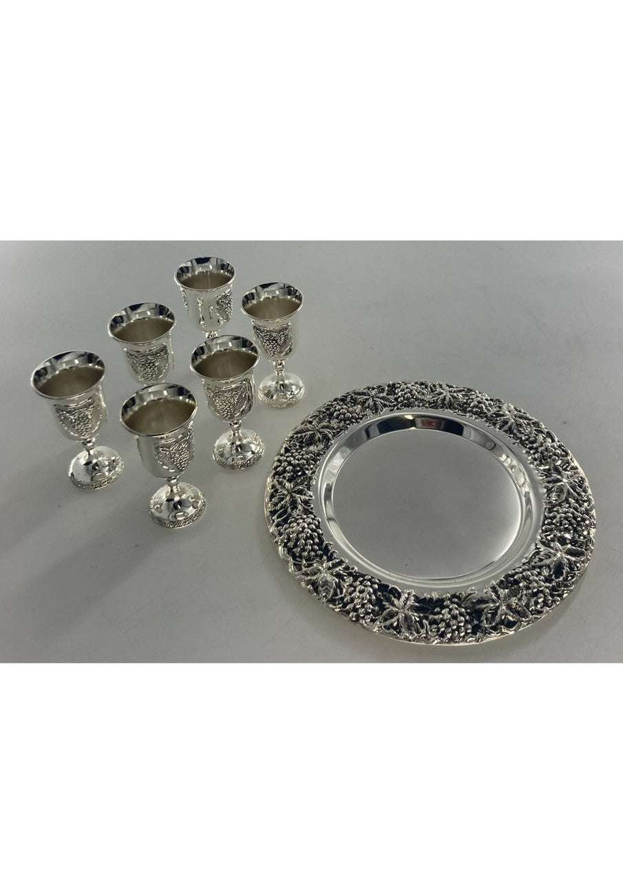 Silverplate Kiddush Set With Plate-6 Cups-Grape Design (SHB-8844SET)