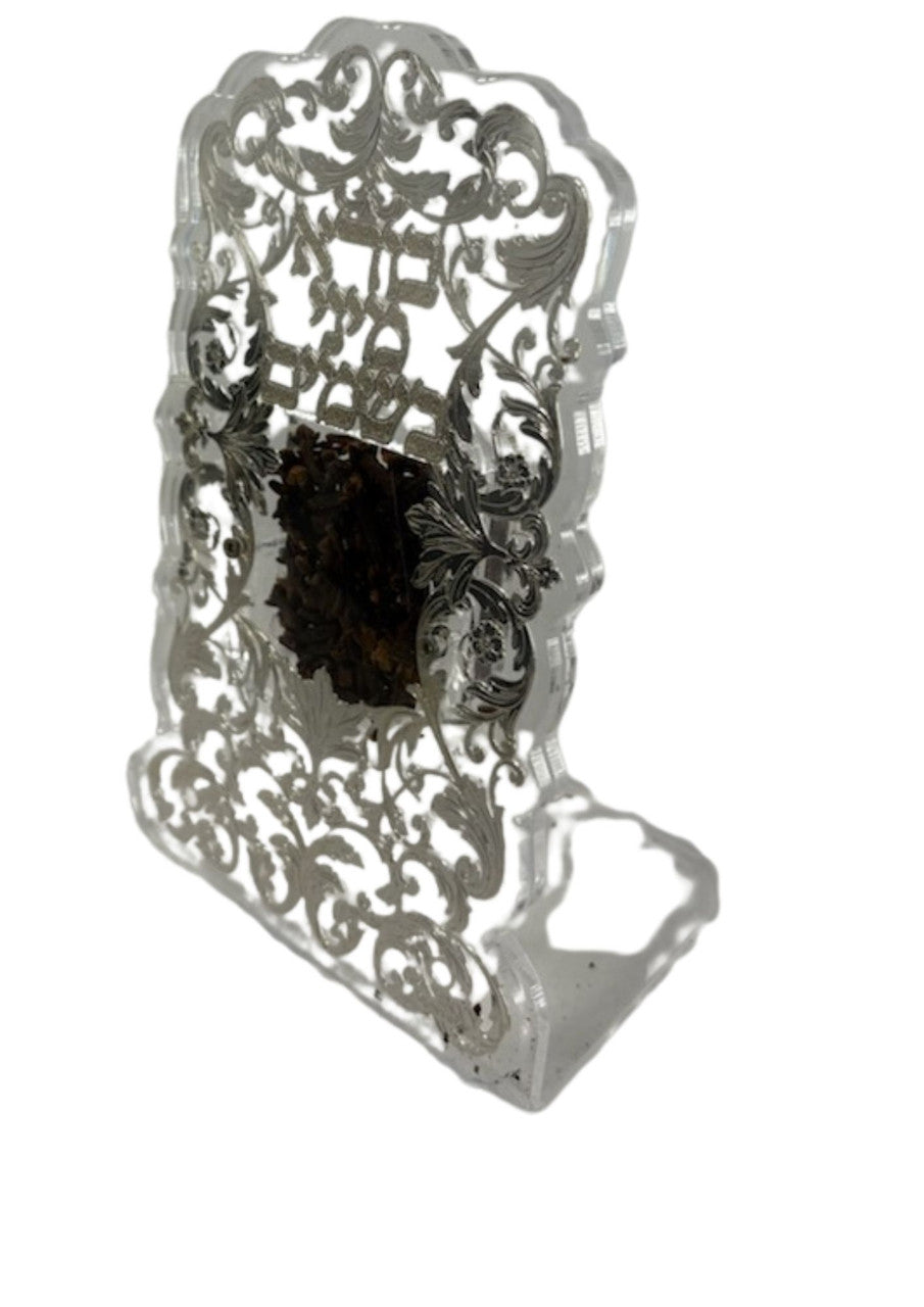 Large Lucite Besamim Holder with Silver Lasercut Flower Design-Borai Minai Besamim (HV-OJBSL2)
