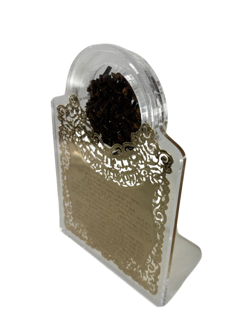 Large Lucite Besamim Holder with Gold Lasercut Design-Edot Mizrach Seder Havdala 7" (HV-OJBSL5)