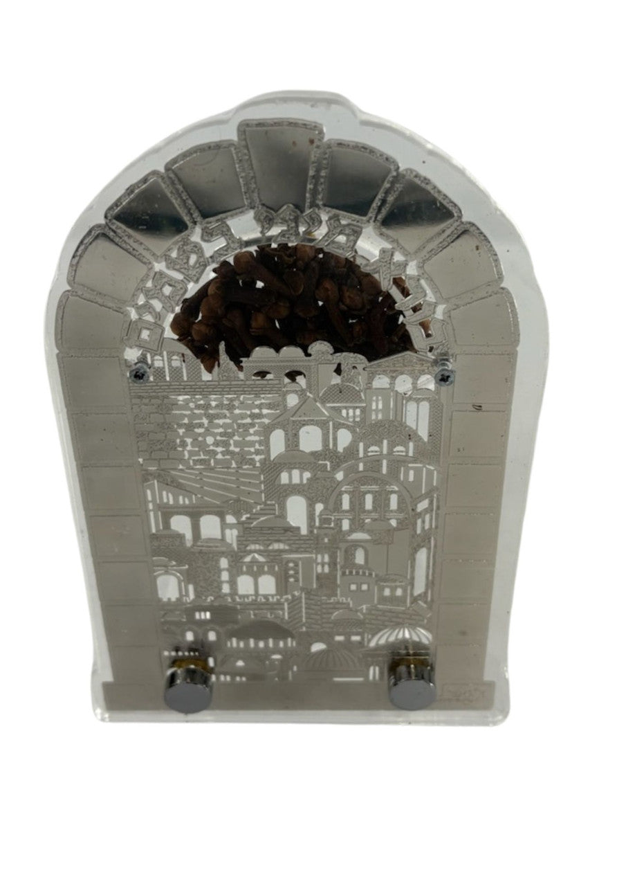 Large Lucite Besamim Holder with Silver Lasercut Design-Jerusalem Gate Design 7" (HV-OJBSL9)